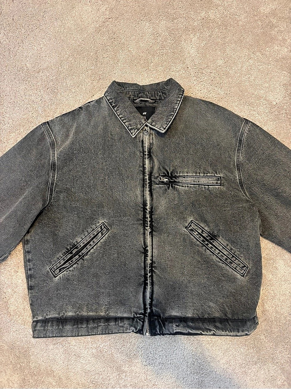 H&M Loose Fit Zip Denim Jacket Black Size Large